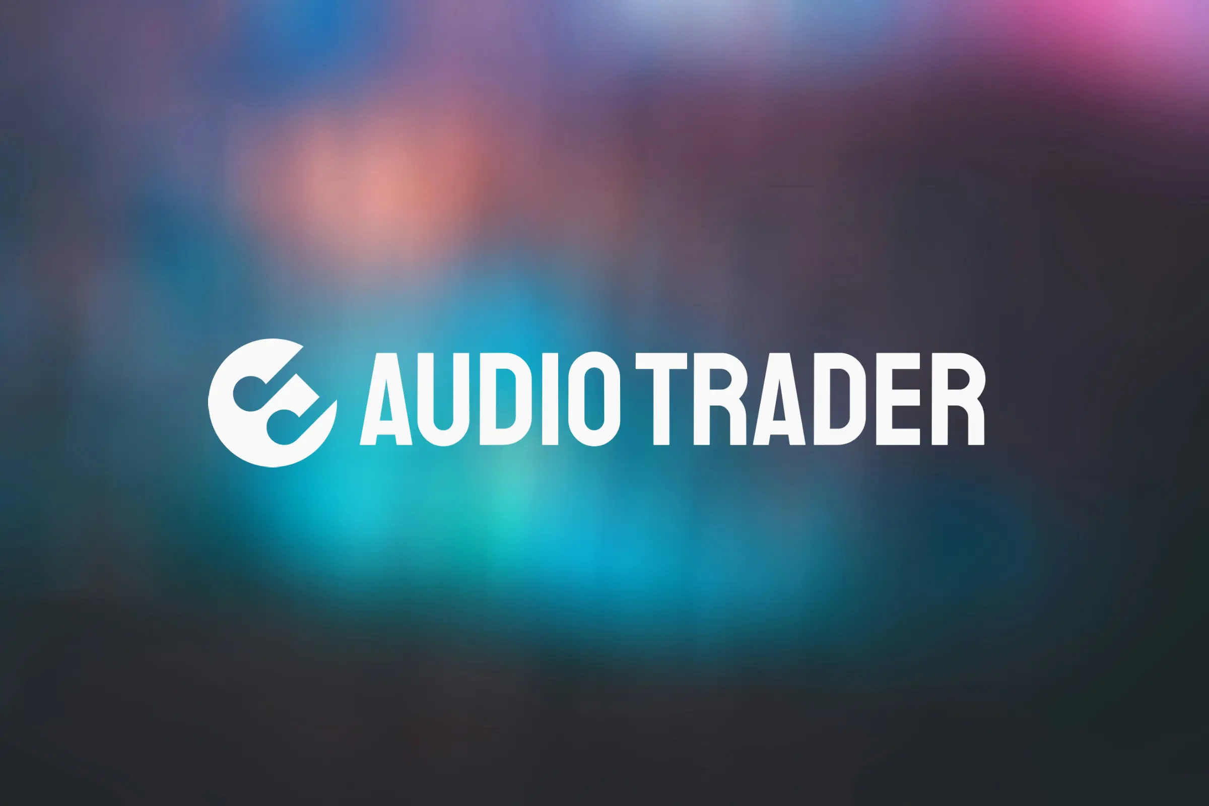 The Audio Trader wordmark, white over blurred stage lights
