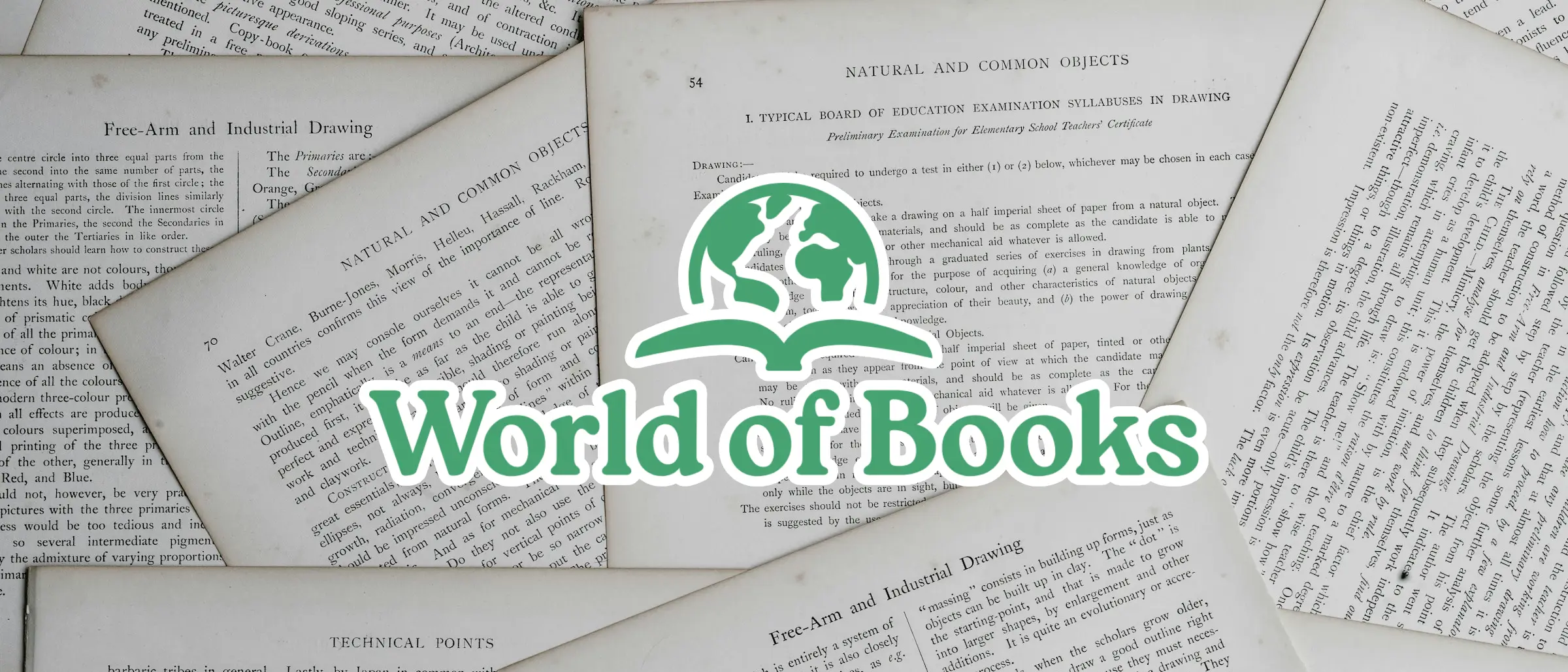 The World of Books logo in green over a spread of old book pages