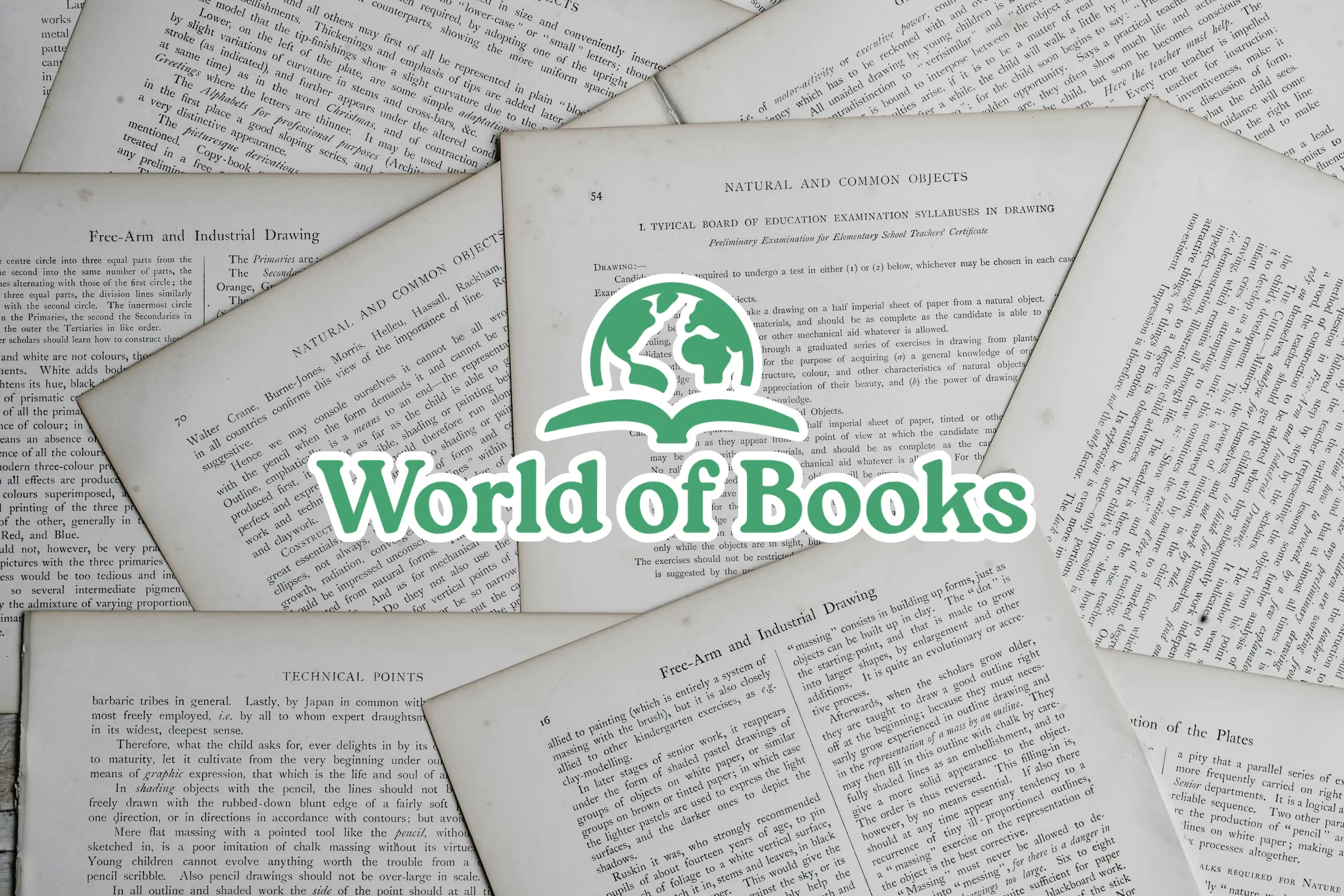 The World of Books logo in green over a spread of old book pages